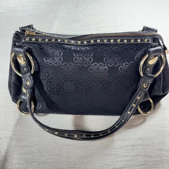 Kathy Van Zeeland Black Floral Jacquard Satchel Handbag Gold Heart Charm Studded - Picture 2 of 16